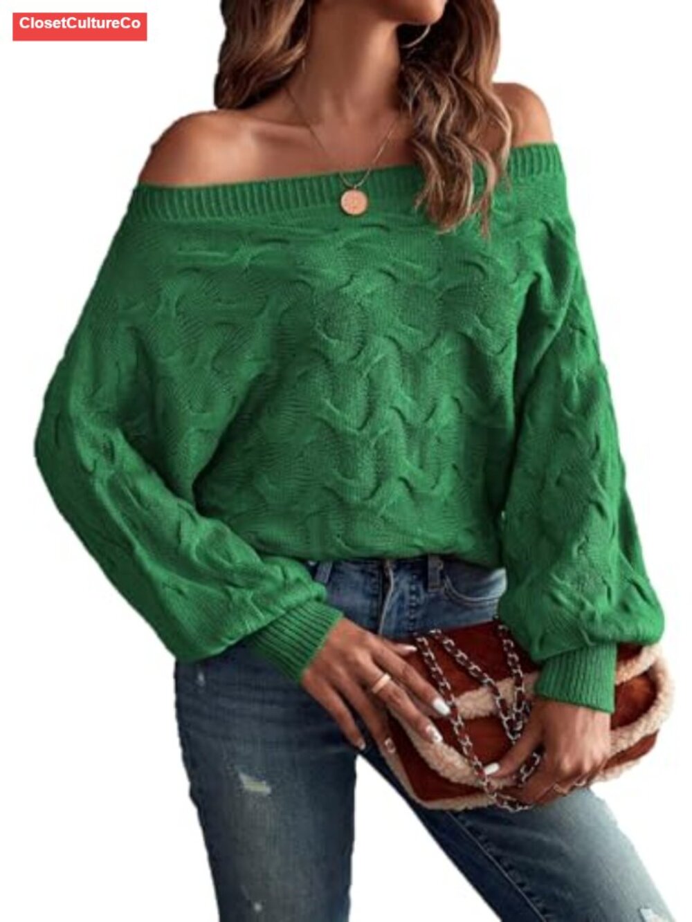 Women's Off Shoulder Textured Knit Sweater Long Dolman Sleeve Pullover